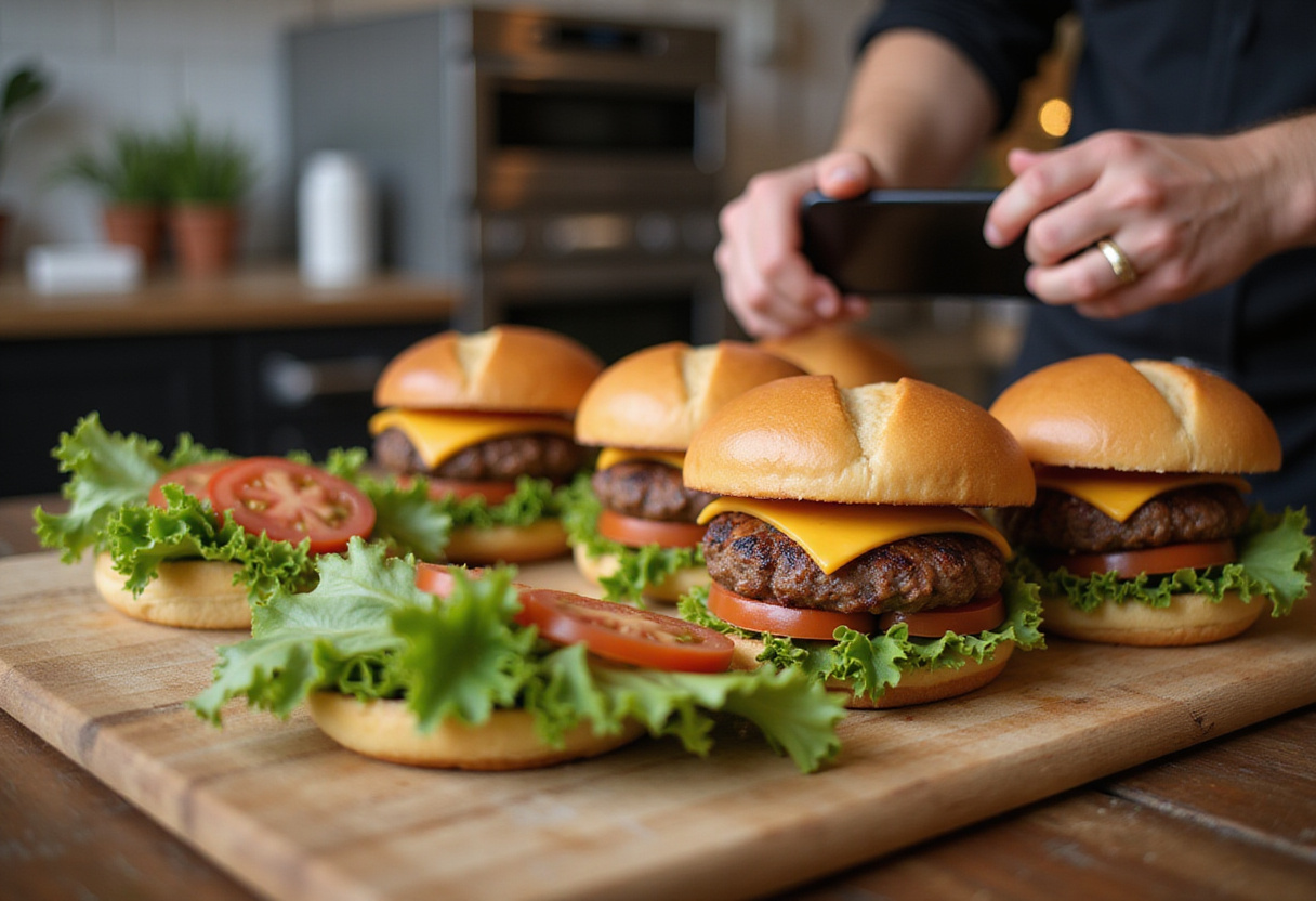 Assembling burgers with fresh toppings for the easy ground beef burger recipe, highlighting the juicy patties and ingredients.