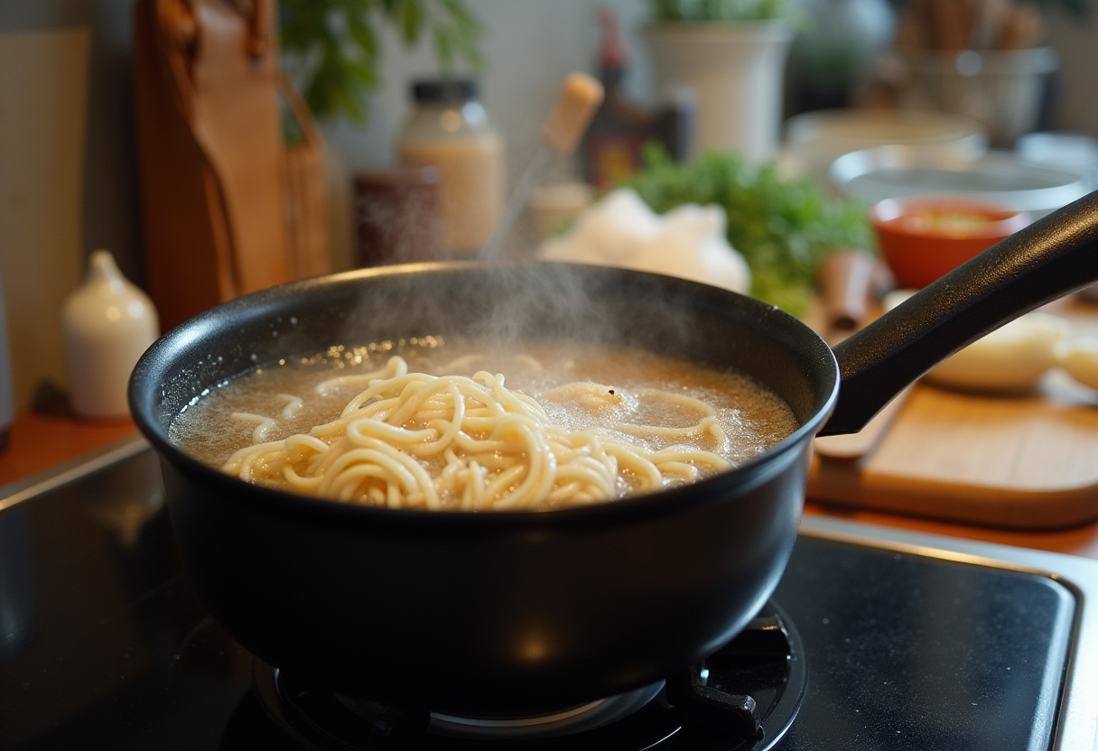 Preparing to cook Easy Saucy Ramen Noodles, a boiling pot of water indicates readiness for vegan noodles.