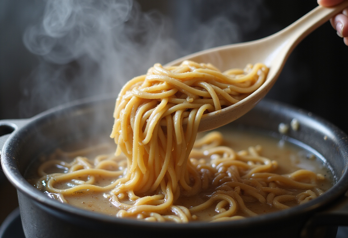 Mixing sauces for Easy Saucy Ramen Noodles, highlighting the fresh vegetables and vegan ingredients.