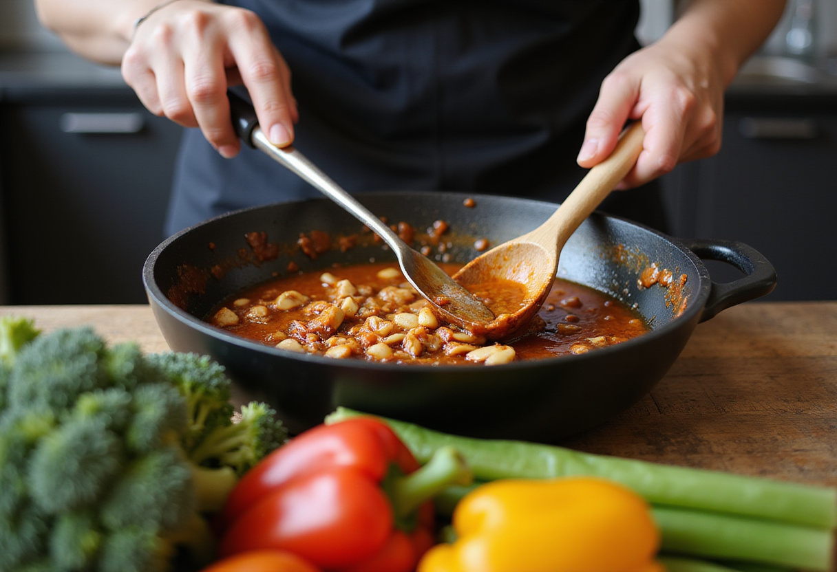 Sautรฉing vegetables for Easy Saucy Ramen Noodles, creating a hearty vegan dish full of flavor and color.