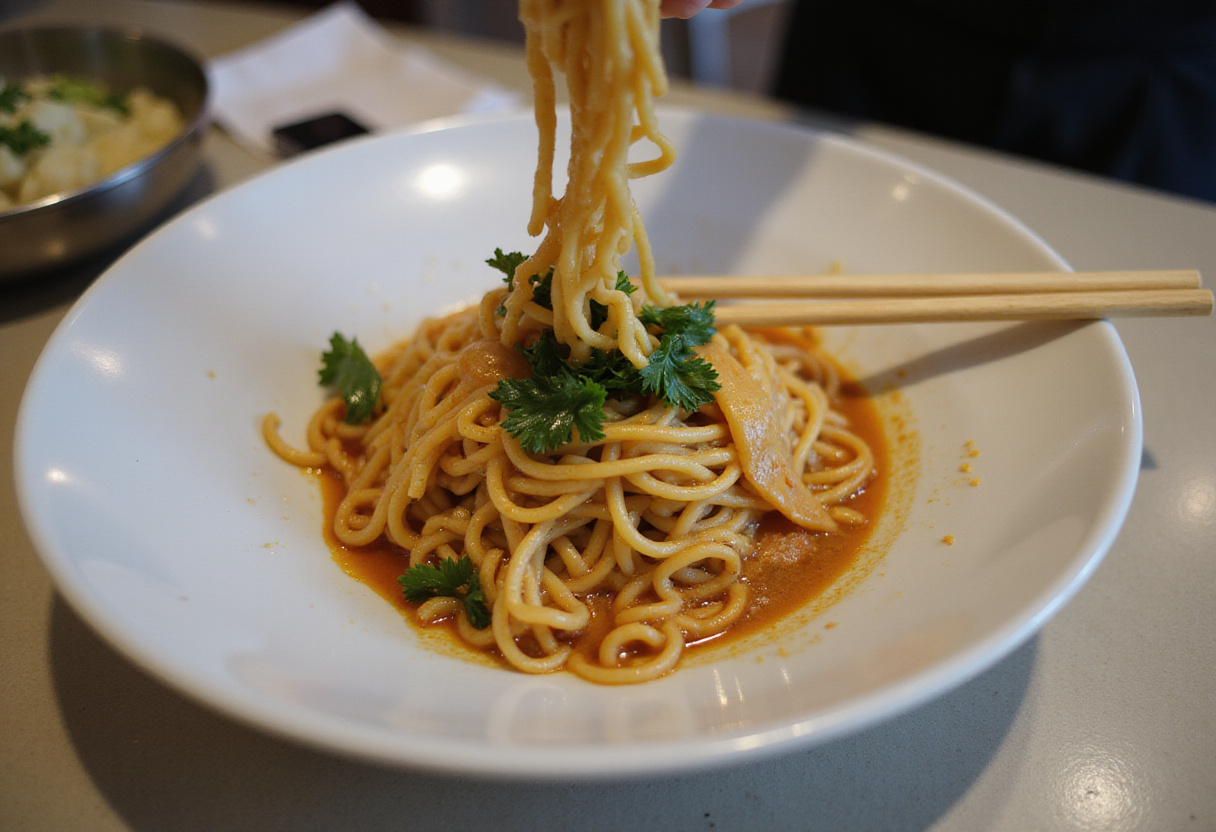 Adding sauce to Easy Saucy Ramen Noodles, showcasing the vibrant mix of noodles and vegetables in the process.