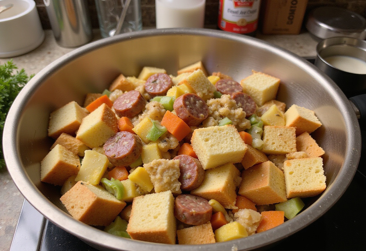 Easy Sausage and Egg Casserole preparation with cubed bread, sausage, and vegetables in a bowl.