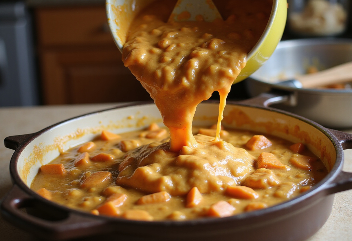 Pouring the sausage and egg mixture into a casserole dish for Easy Sausage and Egg Casserole baking.