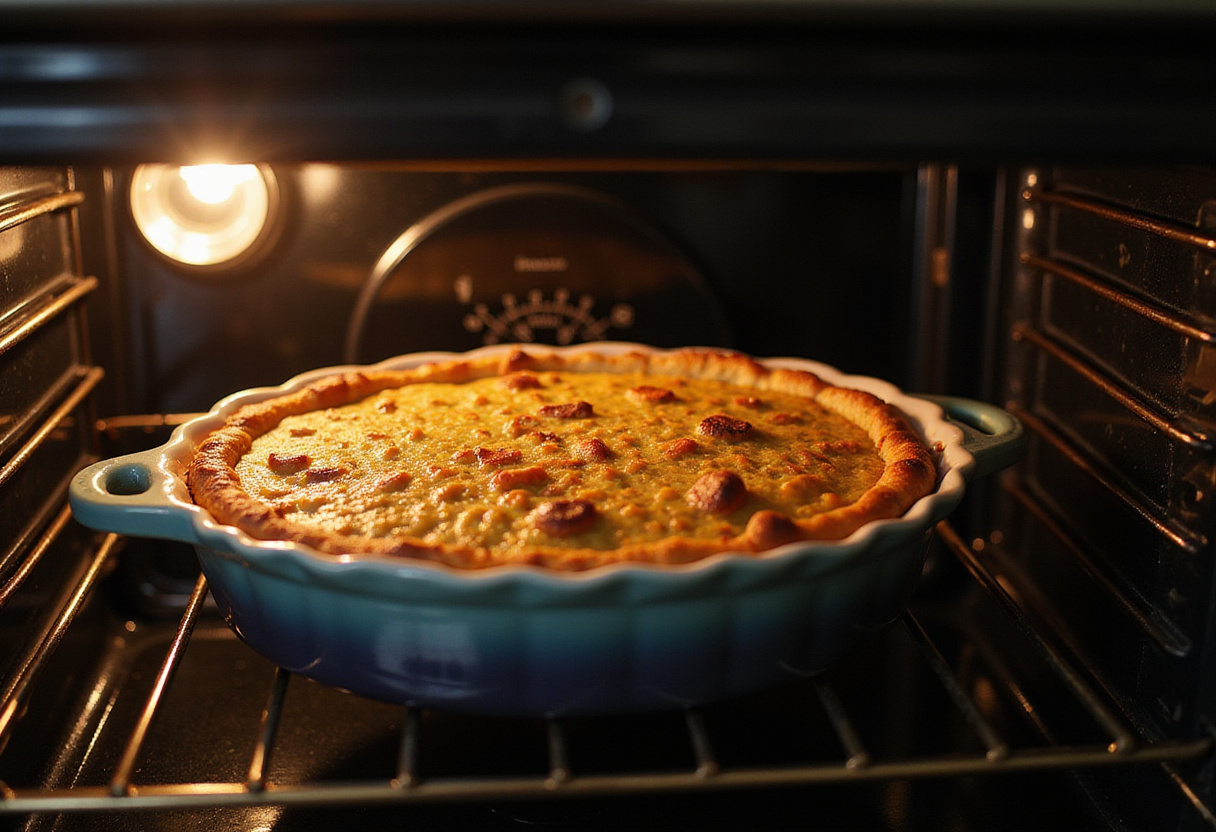 Baking the Easy Sausage and Egg Casserole in the oven, achieving a delicious breakfast dish.