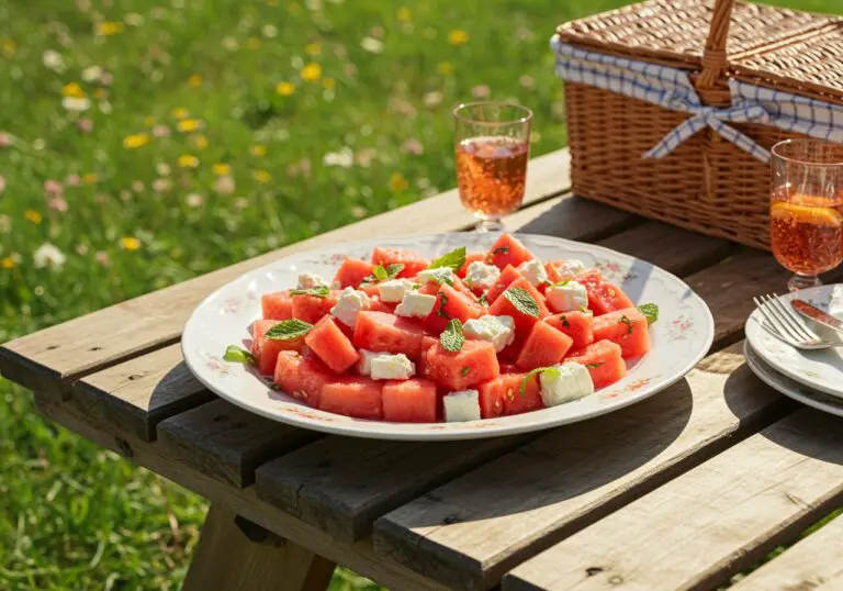 Final presentation of Easy Watermelon Feta Salad with vibrant colors, perfect for summer gatherings.