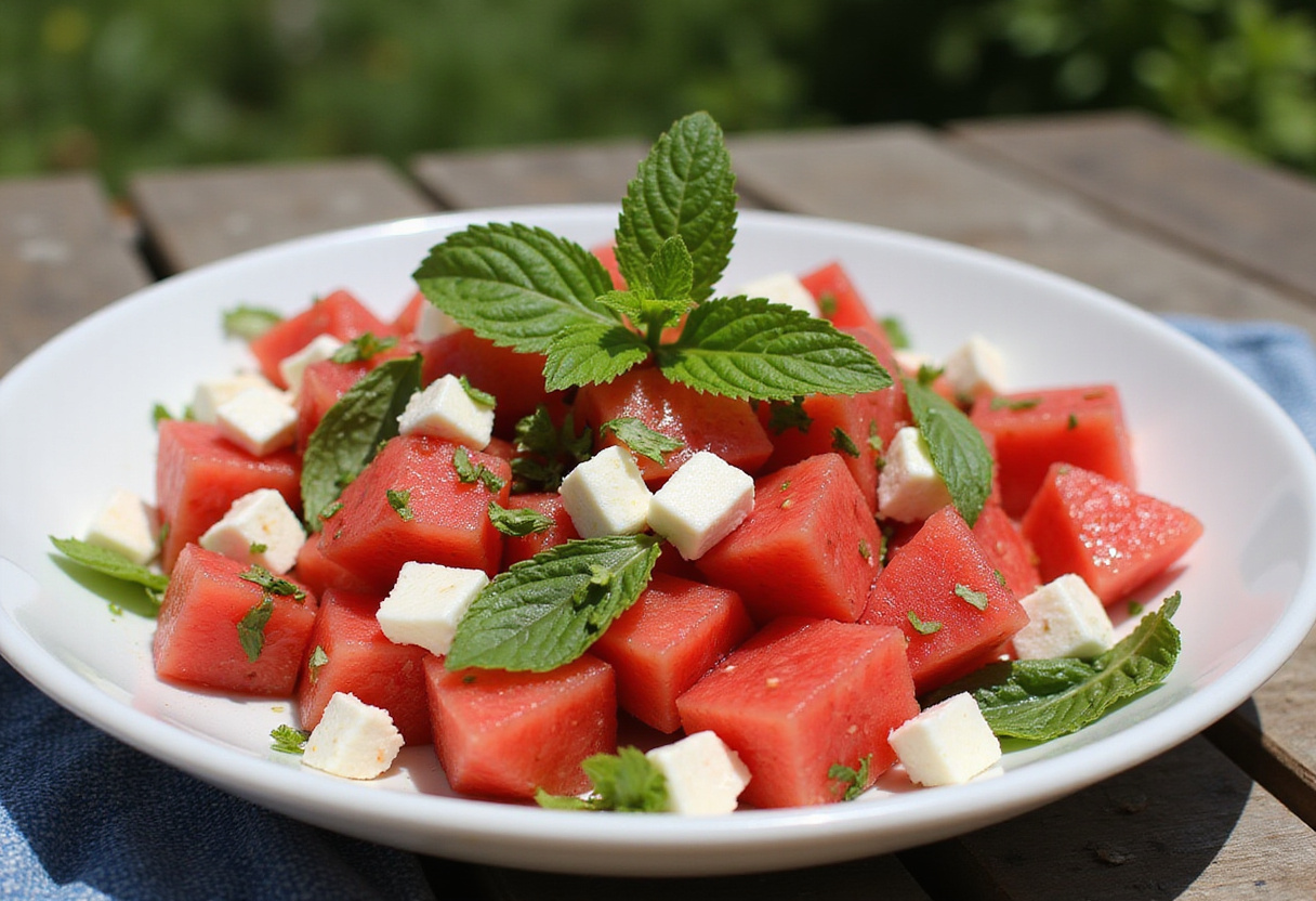 Final presentation of Easy Watermelon Feta Salad with vibrant colors, perfect for summer gatherings.