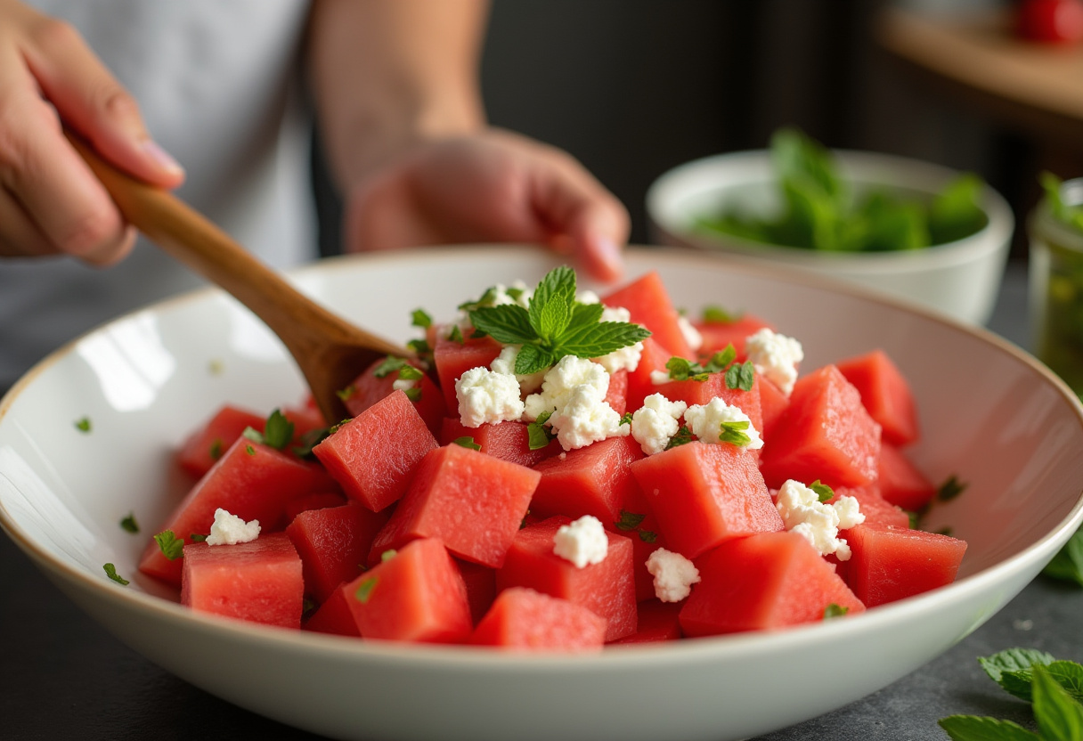 Easy Watermelon Feta Salad preparation with fresh watermelon, feta cheese, and mint for a refreshing summer dish.