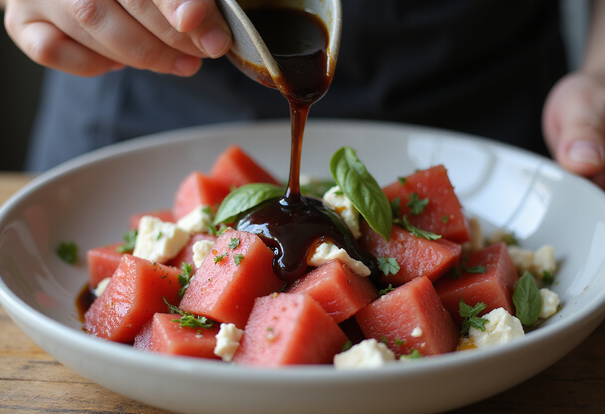 Adding balsamic glaze to an Easy Watermelon Feta Salad for enhanced flavor and presentation.
