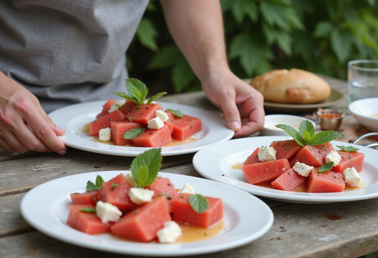 Plating an Easy Watermelon Feta Salad with mint garnish for a refreshing summer meal outdoors.