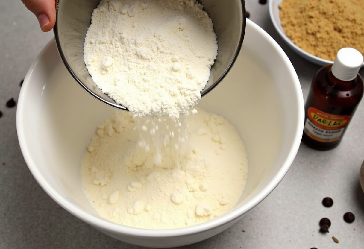 Edible Cookie Dough ingredients arranged on a countertop, including flour, sugar, and vanilla extract for a no-bake dessert.