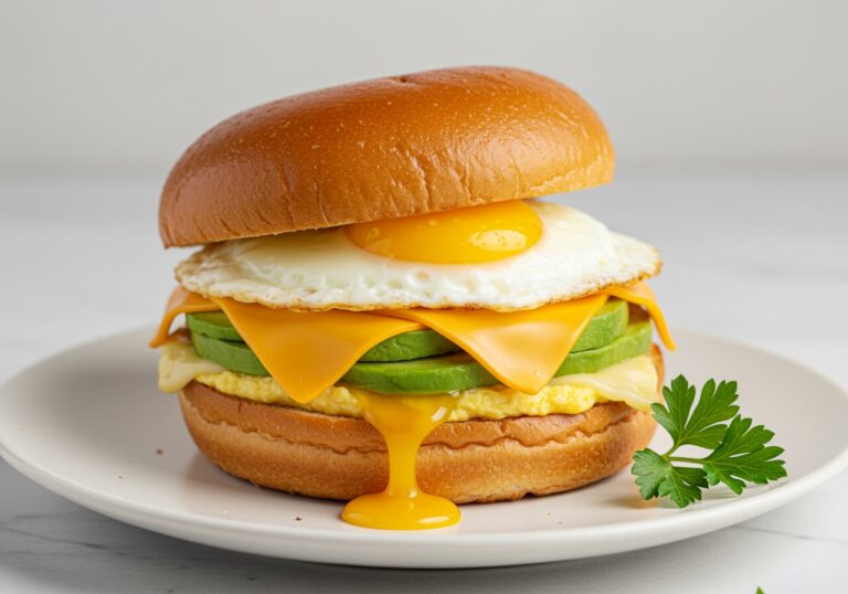 Final presentation of an Eggslut Breakfast Sandwich with sunny-side up egg, cheese, and avocado, beautifully arranged on a plate.