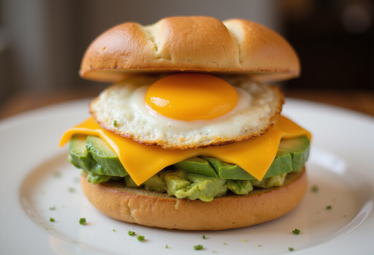Final presentation of an Eggslut Breakfast Sandwich with sunny-side up egg, cheese, and avocado, beautifully arranged on a plate.