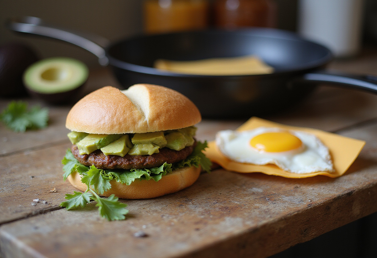 Ingredients for Eggslut Breakfast Sandwich including fresh eggs, brioche bun, and avocado arranged on a rustic kitchen countertop.