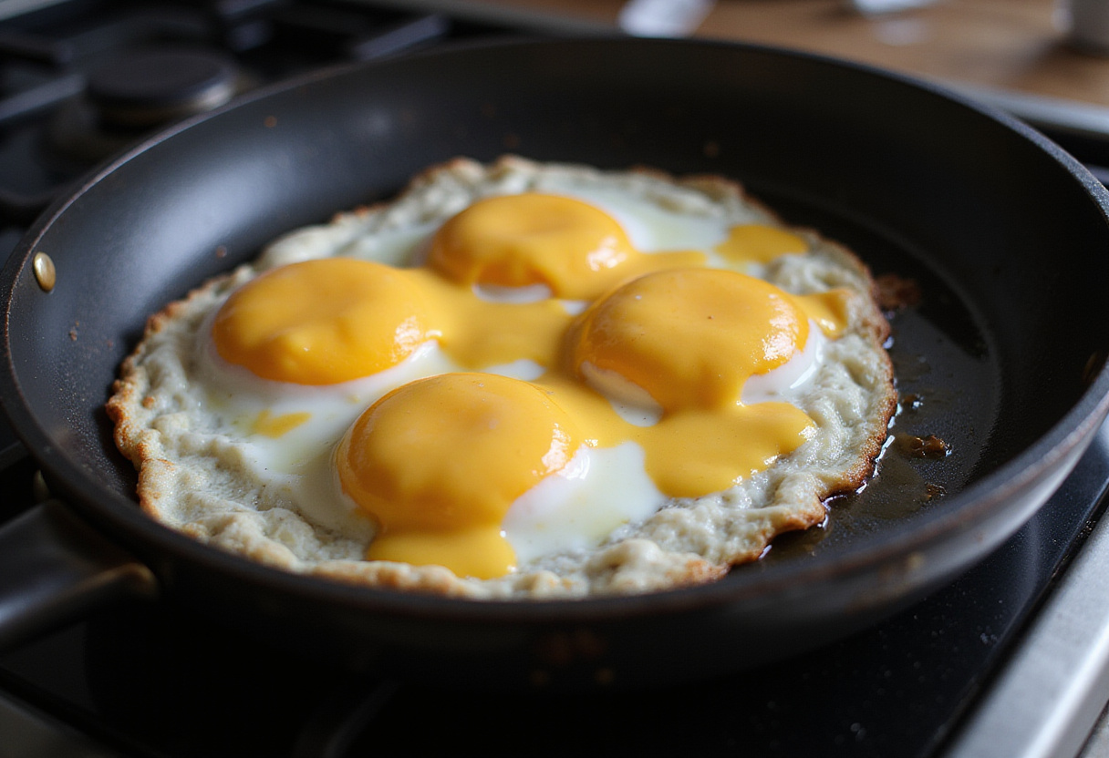 Cooking sunny-side up eggs for Eggslut Breakfast Sandwich in a frying pan, with melted cheese creating a delicious topping.