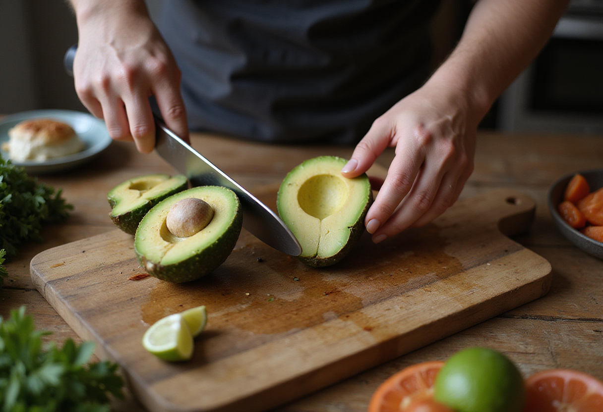 Slicing avocado for Eggslut Breakfast Sandwich with vibrant green color showcased on a wooden cutting board in a cozy kitchen.
