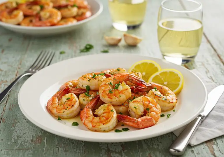 Delicious Garlic Parmesan Roasted Shrimp beautifully presented on a plate with lemon wedges and herbs, perfect for a dinner setting.