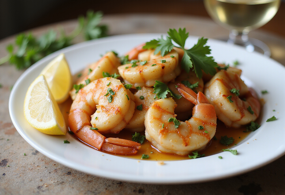 Delicious Garlic Parmesan Roasted Shrimp beautifully presented on a plate with lemon wedges and herbs, perfect for a dinner setting.