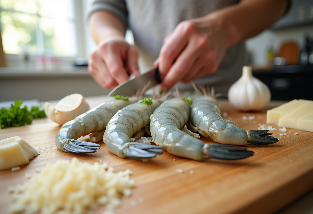 Fresh shrimp preparation for Garlic Parmesan Roasted Shrimp with garlic and Parmesan in a bright kitchen.