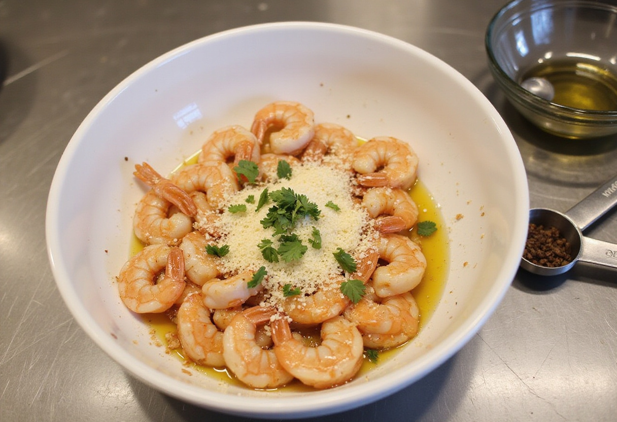 Mixing garlic and Parmesan with shrimp in a bowl for Garlic Parmesan Roasted Shrimp, with parsley and other ingredients included.