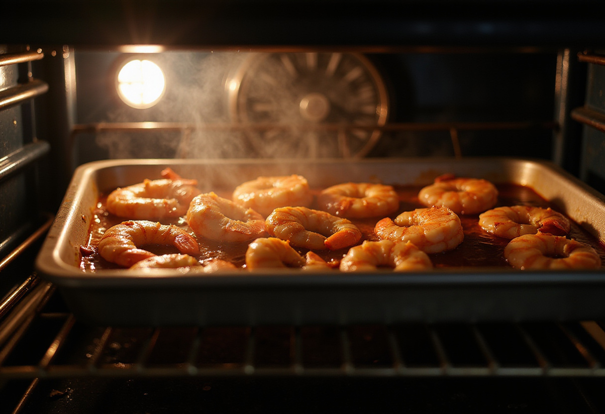 Setting the timer for Garlic Parmesan Roasted Shrimp in the oven, highlighting the cooking process and steaming environment.
