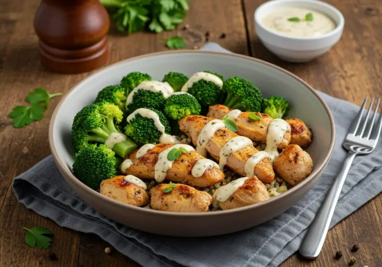 Delicious Grilled Chicken & Broccoli Bowls with Creamy Garlic Sauce, showcasing a flavorful and appealing final dish on a rustic table.