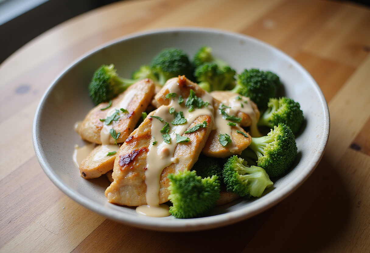 Delicious Grilled Chicken & Broccoli Bowls with Creamy Garlic Sauce, showcasing a flavorful and appealing final dish on a rustic table.