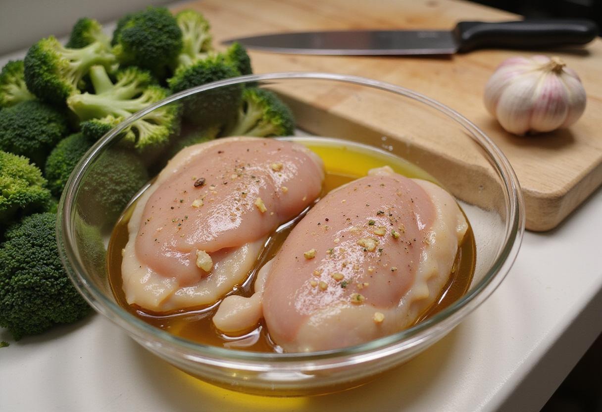 Marinating chicken breasts for Grilled Chicken & Broccoli Bowls with Creamy Garlic Sauce, raw broccoli and garlic in the kitchen.