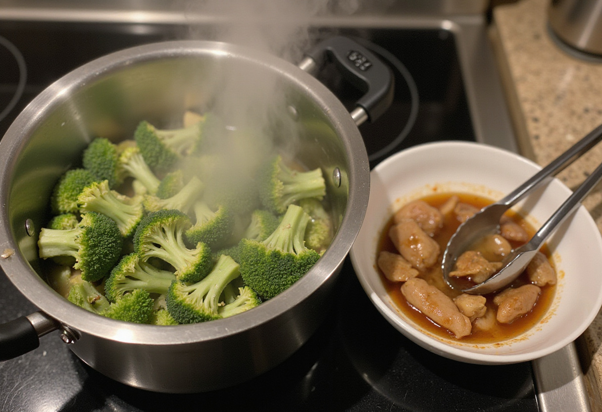 Blanching broccoli florets for Grilled Chicken & Broccoli Bowls, showing preparation of vegetables on the stovetop.