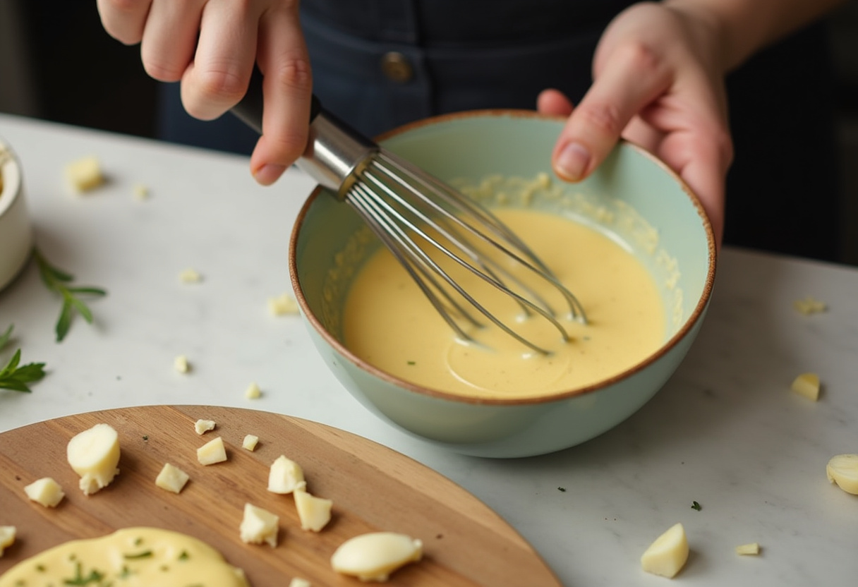 Making creamy garlic sauce for Grilled Chicken & Broccoli Bowls, showing the blending of ingredients on a kitchen countertop.