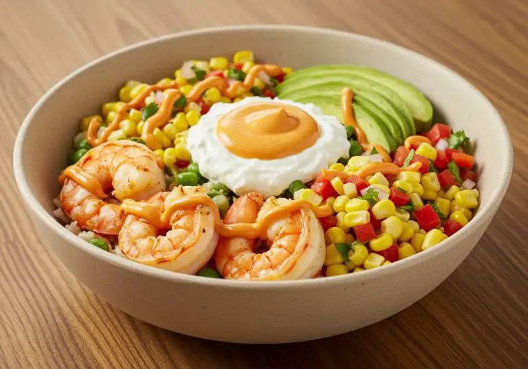 A delicious grilled shrimp bowl with avocado, corn salsa, and creamy sauce, showcasing the vibrant ingredients and appealing presentation.