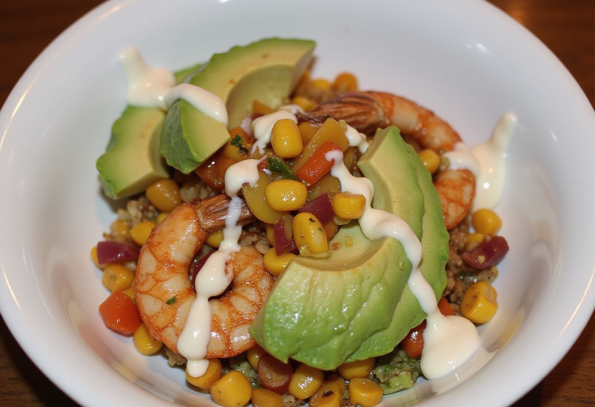 A delicious grilled shrimp bowl with avocado, corn salsa, and creamy sauce, showcasing the vibrant ingredients and appealing presentation.