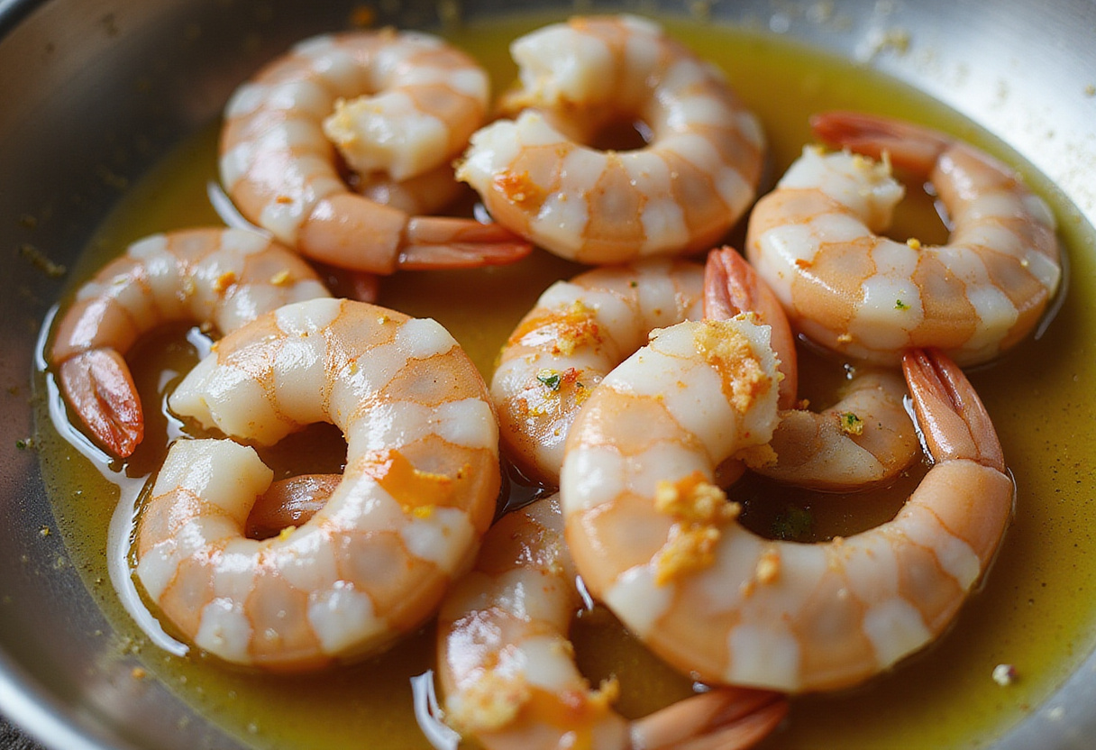 Preparing fresh shrimp for grilling in a vibrant kitchen setting with herbs and limes for a grilled shrimp bowl.