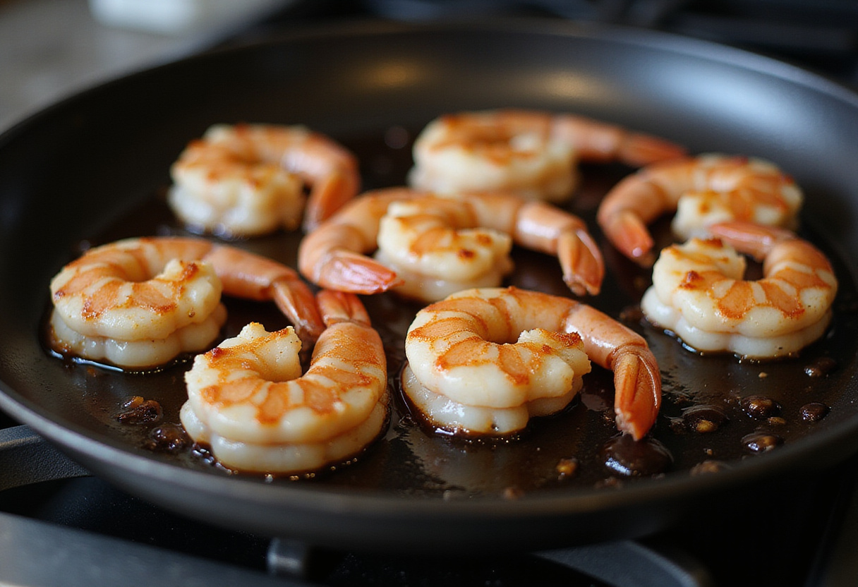 Making corn salsa for a grilled shrimp bowl, featuring sautΓ©ed corn, red onion, and jalapeΓ±o in a frying pan.