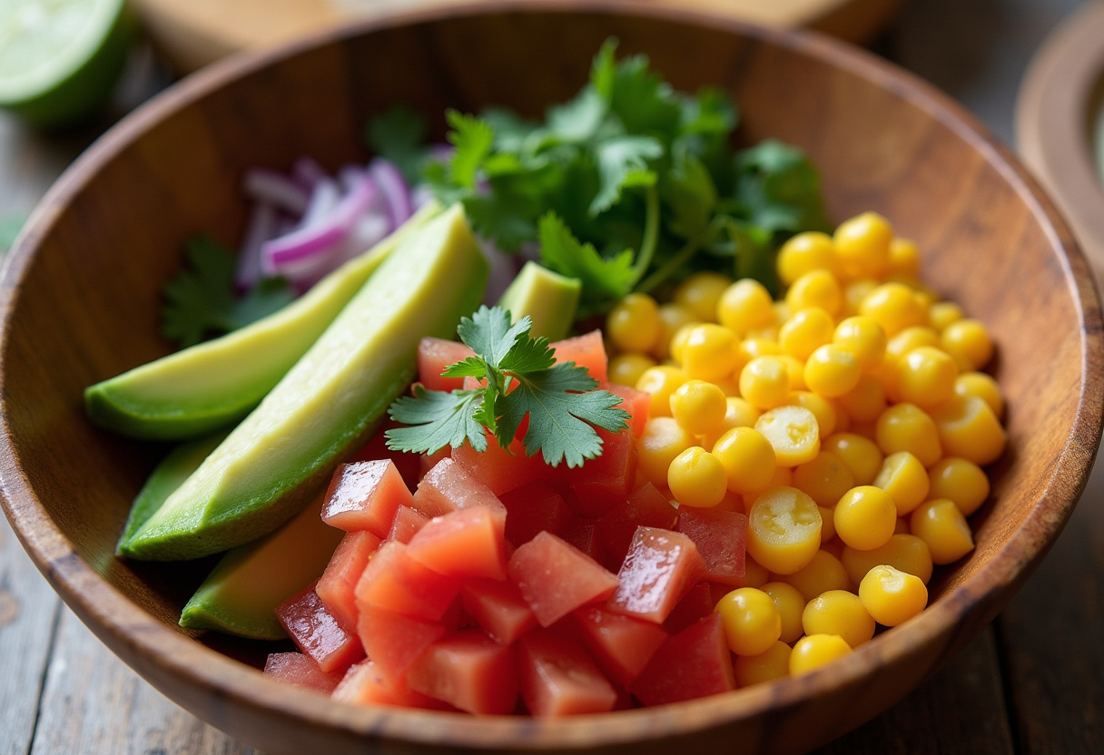 Slicing a fresh avocado to create a creamy addition to a grilled shrimp bowl, enhancing the dish's flavor and presentation.