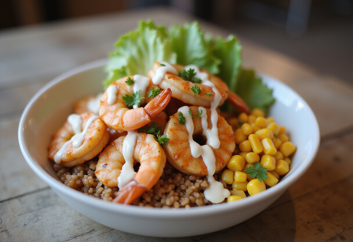 Final assembly of a grilled shrimp bowl with vibrant corn salsa, avocado, and creamy sauce, ready to be served.