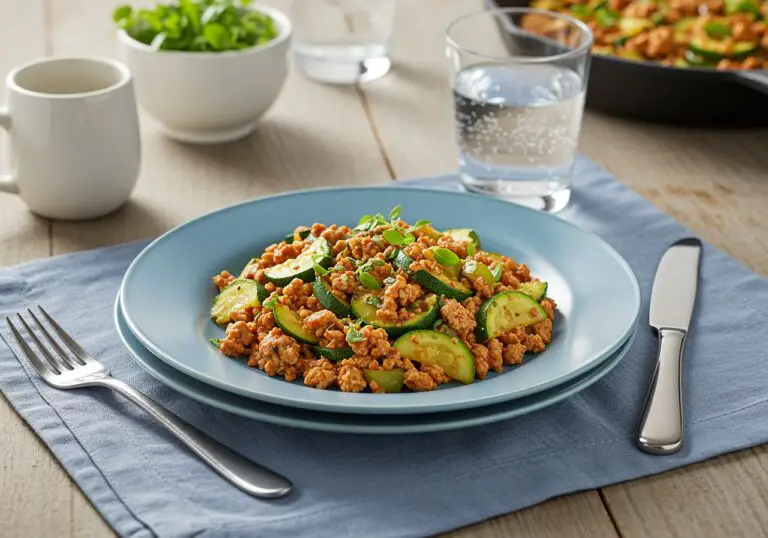 Final presentation of Ground Turkey and Zucchini Skillet; a flavorful healthy dish on a dining table, appealing meal ready to enjoy.