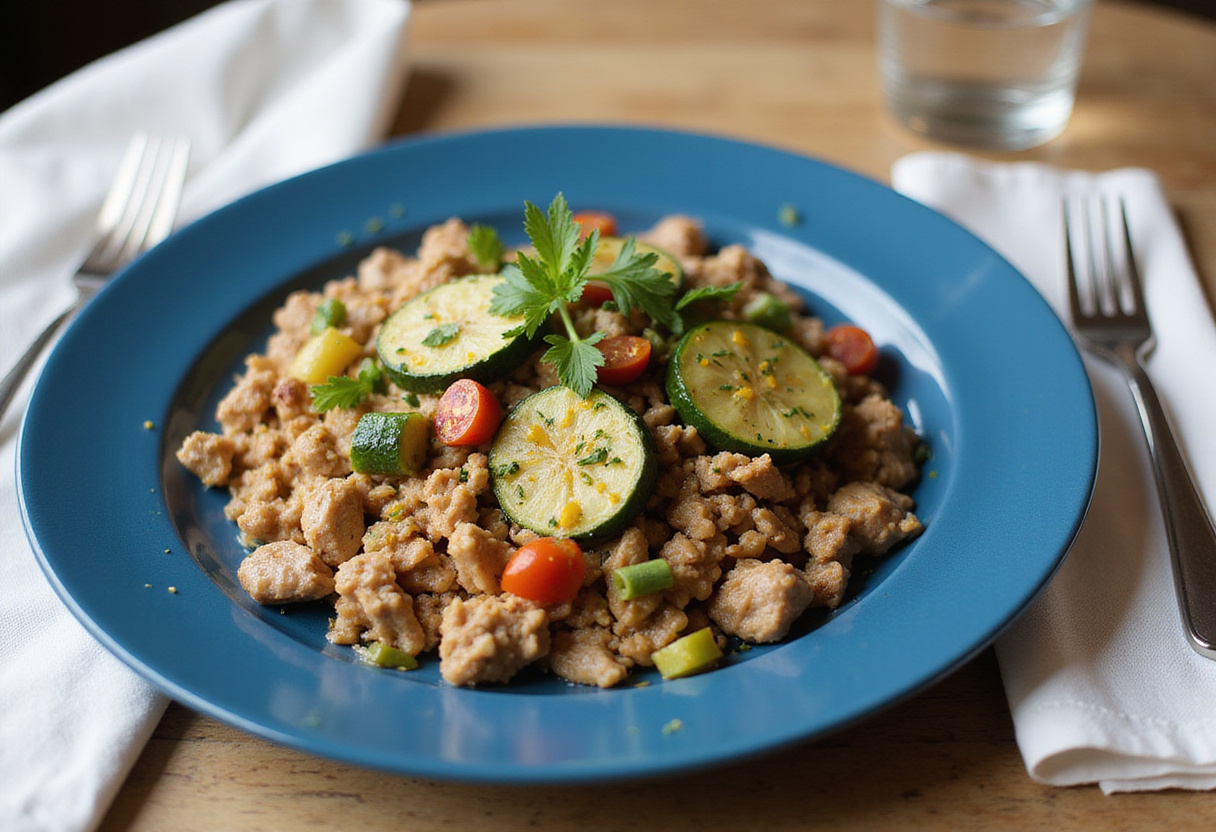 Final presentation of Ground Turkey and Zucchini Skillet; a flavorful healthy dish on a dining table, appealing meal ready to enjoy.