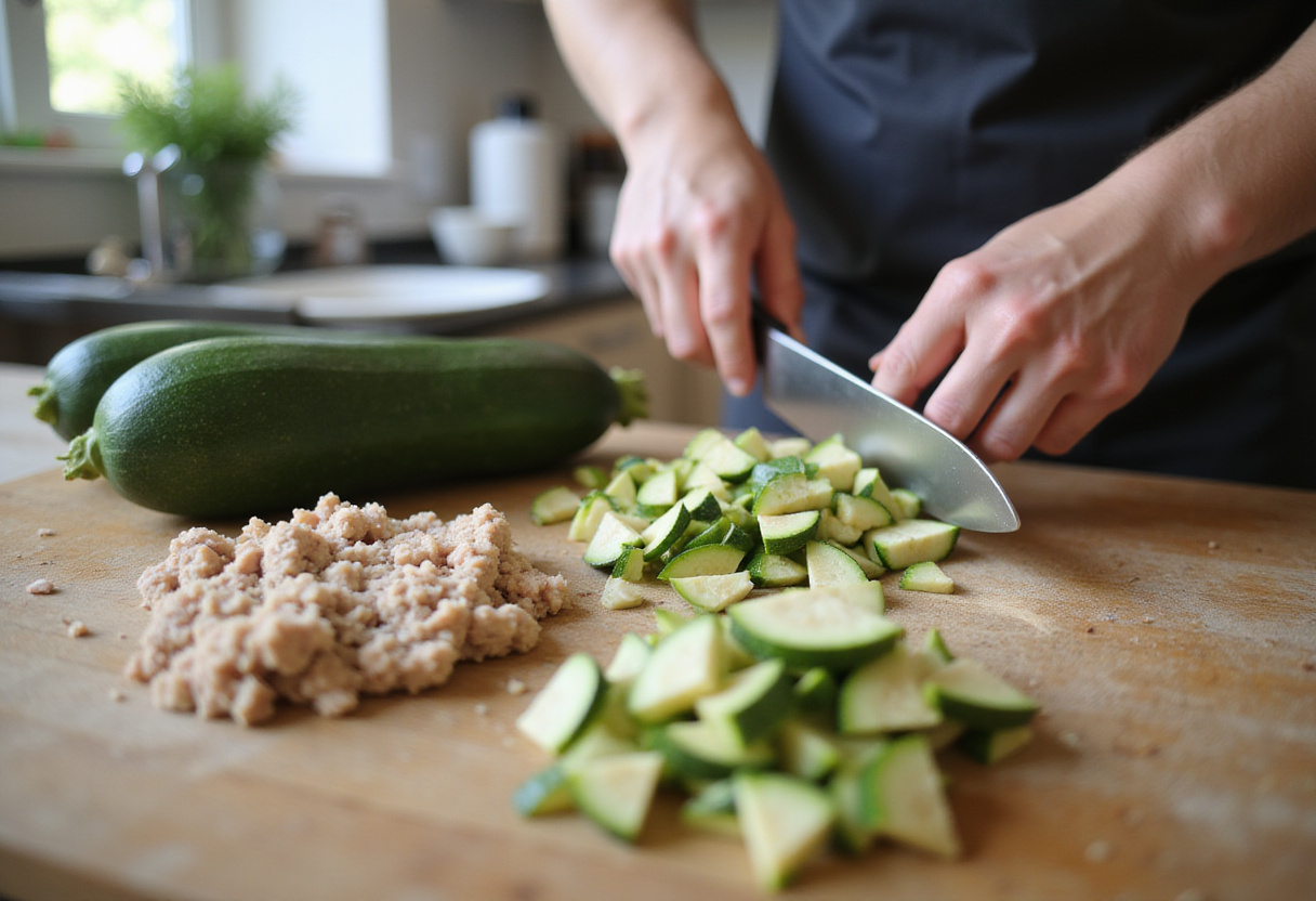 Slicing fresh zucchini for Ground Turkey and Zucchini Skillet preparation, healthy cooking ingredients, vibrant kitchen scene.