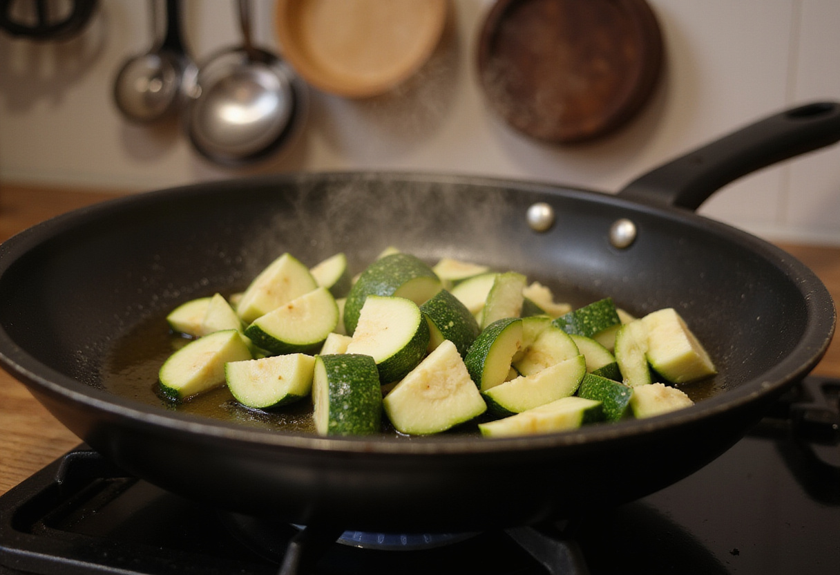 Adding chopped zucchini to a hot skillet for Ground Turkey and Zucchini Skillet; vibrant colors of healthy ingredients cooking in a cozy kitchen.