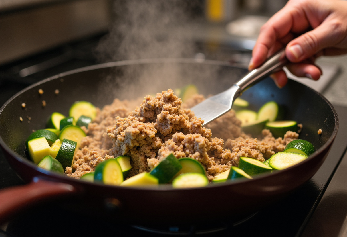 Cooking ground turkey with zucchini in a skillet for a delicious Ground Turkey and Zucchini Skillet meal; a lively cooking atmosphere.