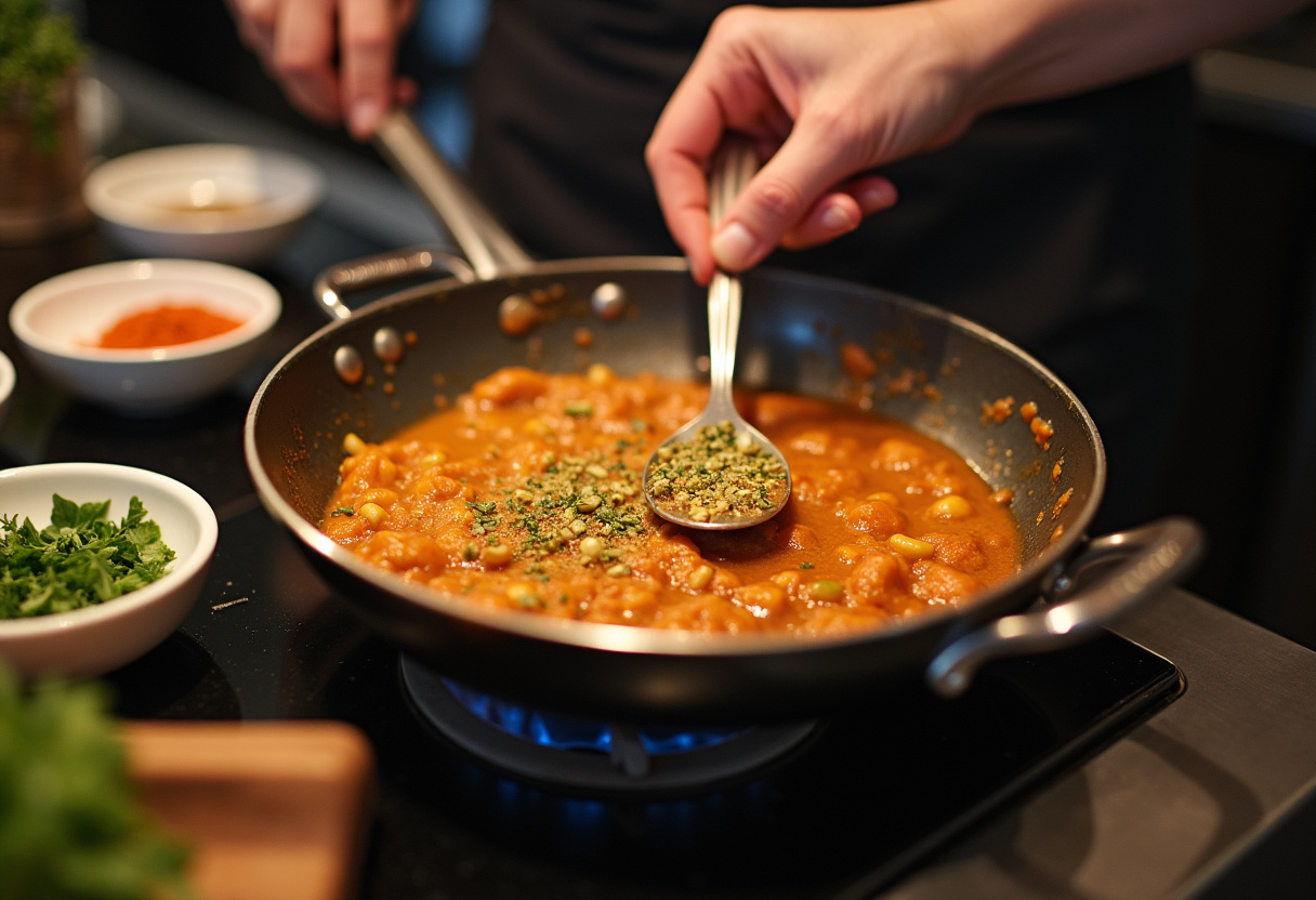 Stirring ground turkey and zucchini mixture with herbs for Ground Turkey and Zucchini Skillet; enhancing flavors in a rustic kitchen.