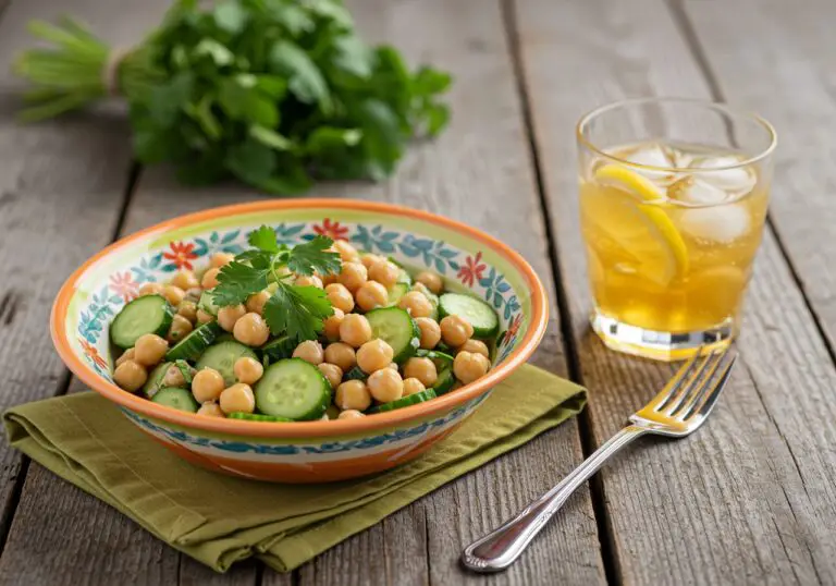 Final presentation of a Healthy Chickpea Cucumber Salad with Feta & Tomatoes, perfect for a nutritious meal.