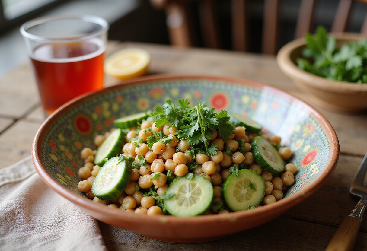 Final presentation of a Healthy Chickpea Cucumber Salad with Feta & Tomatoes, perfect for a nutritious meal.