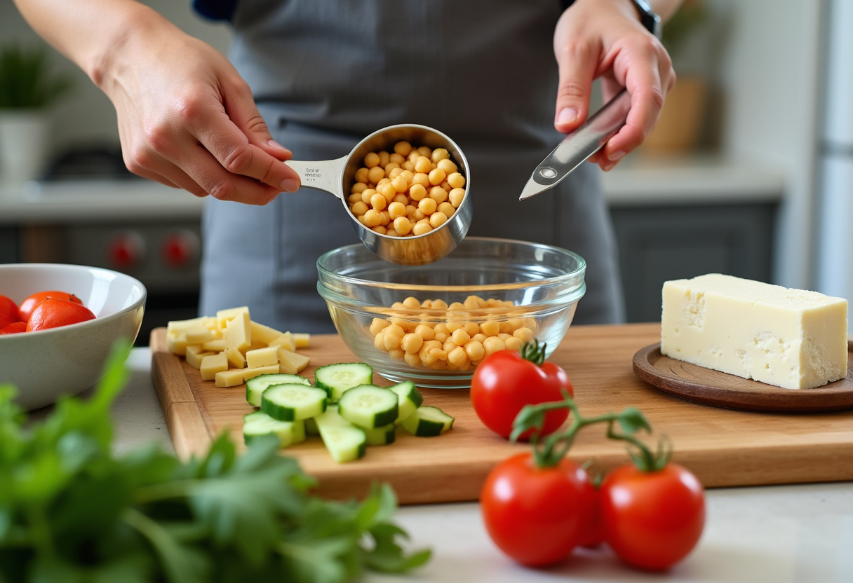 Healthy Chickpea Salad ingredients including chickpeas, cucumbers, tomatoes, and feta cheese on a kitchen countertop.