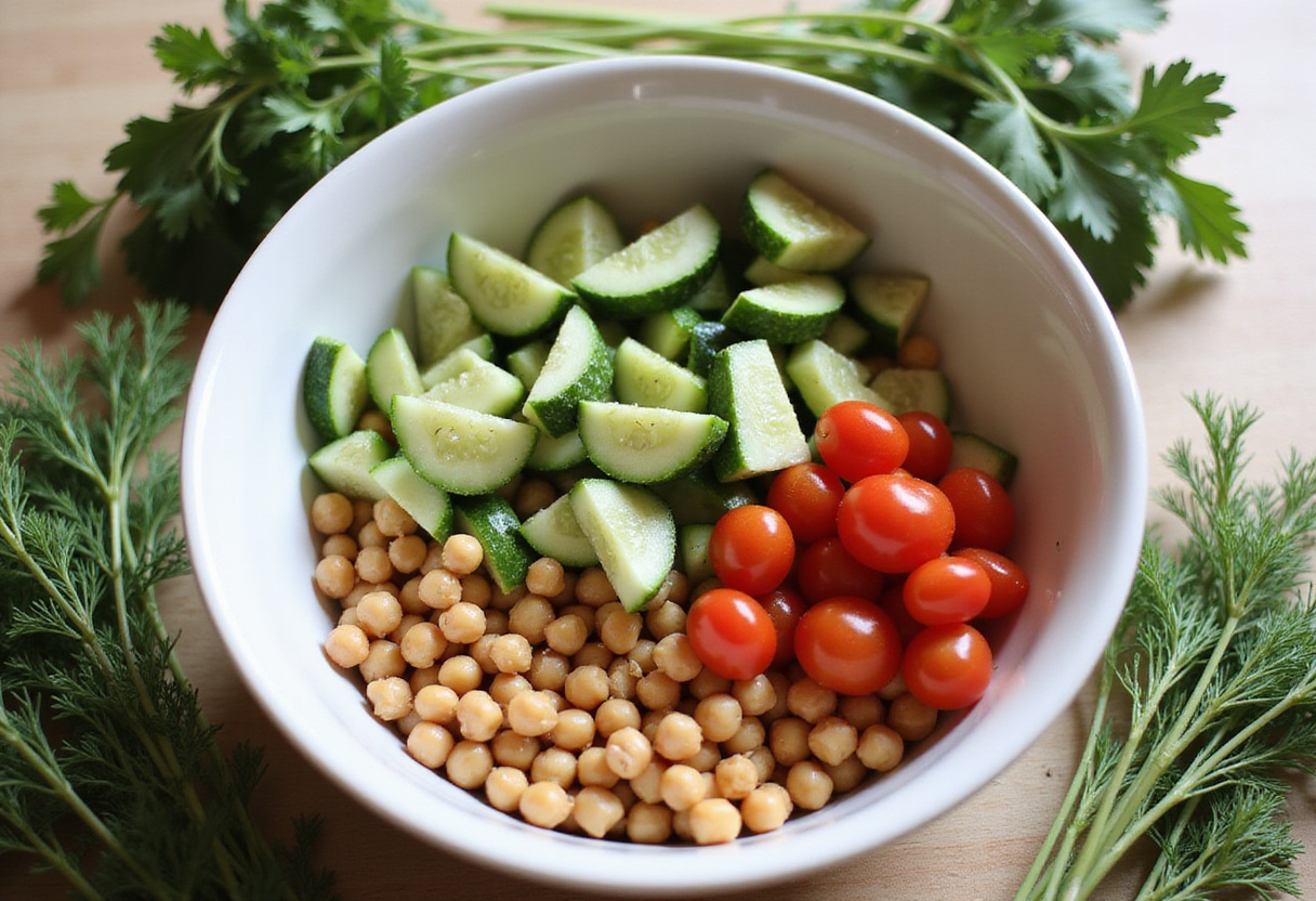 Preparing a Chickpea Cucumber Salad with fresh cucumbers and tomatoes being added to the bowl for a nutritious dish.