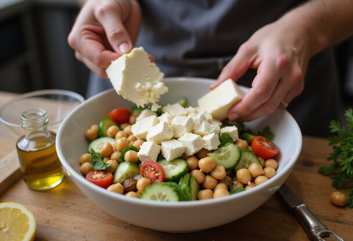 Crumbling feta cheese into a bowl of Healthy Chickpea Salad, enhancing flavor and nutrition.