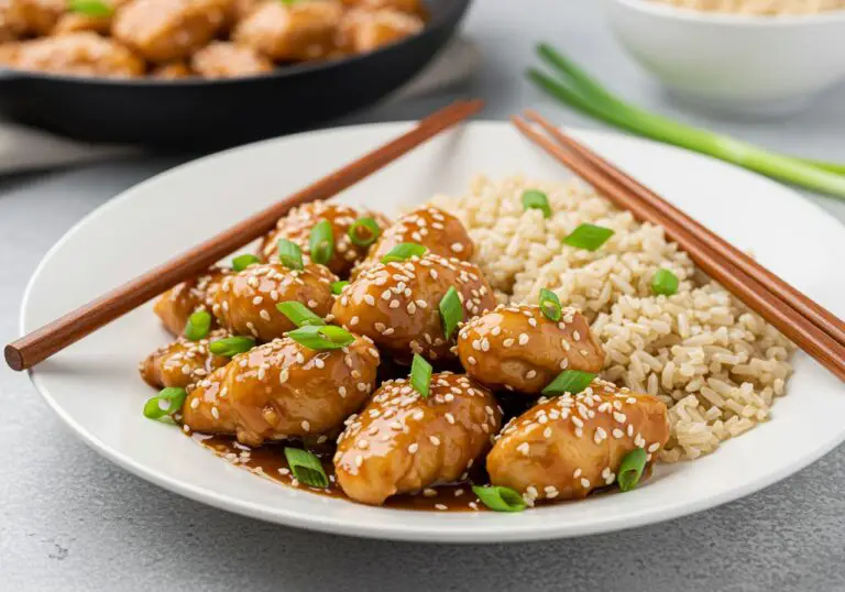 Delicious Healthy Sesame Chicken served on a plate with fresh vegetables, garnished with sesame seeds and green onions.