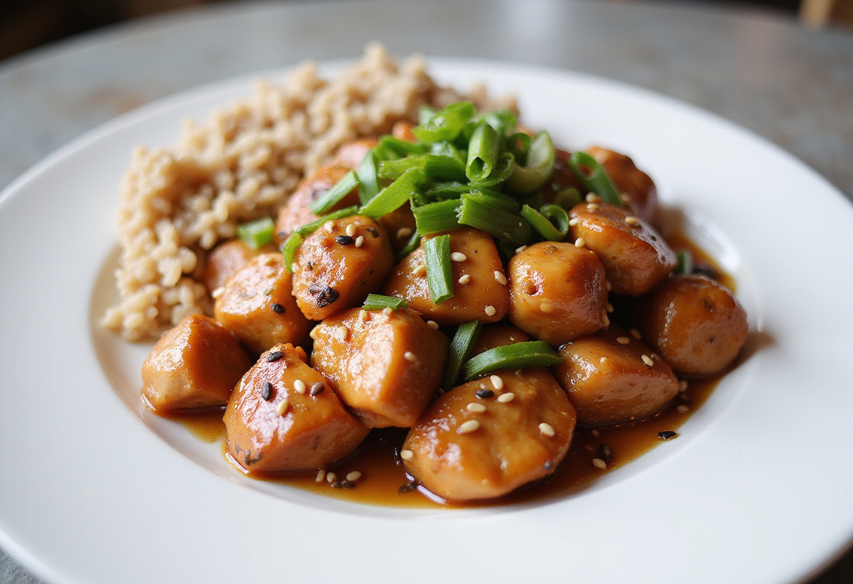 Delicious Healthy Sesame Chicken served on a plate with fresh vegetables, garnished with sesame seeds and green onions.