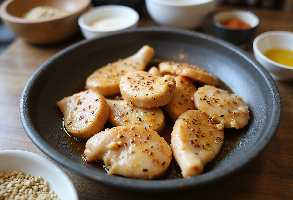 Marinating chicken for Healthy Sesame Chicken with sesame oil, soy sauce, garlic, and ginger.