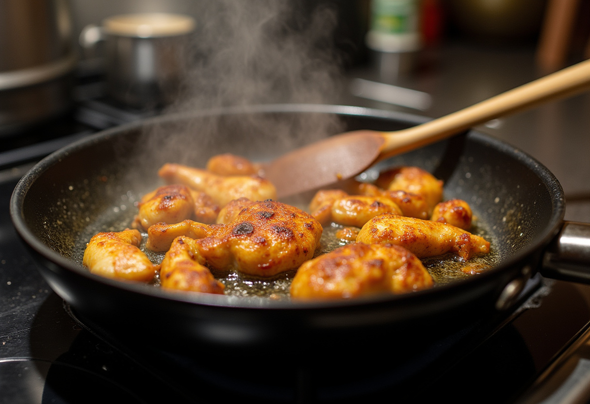 Sautรฉing marinated chicken in a skillet for a healthy sesame chicken dish, achieving a golden brown color.